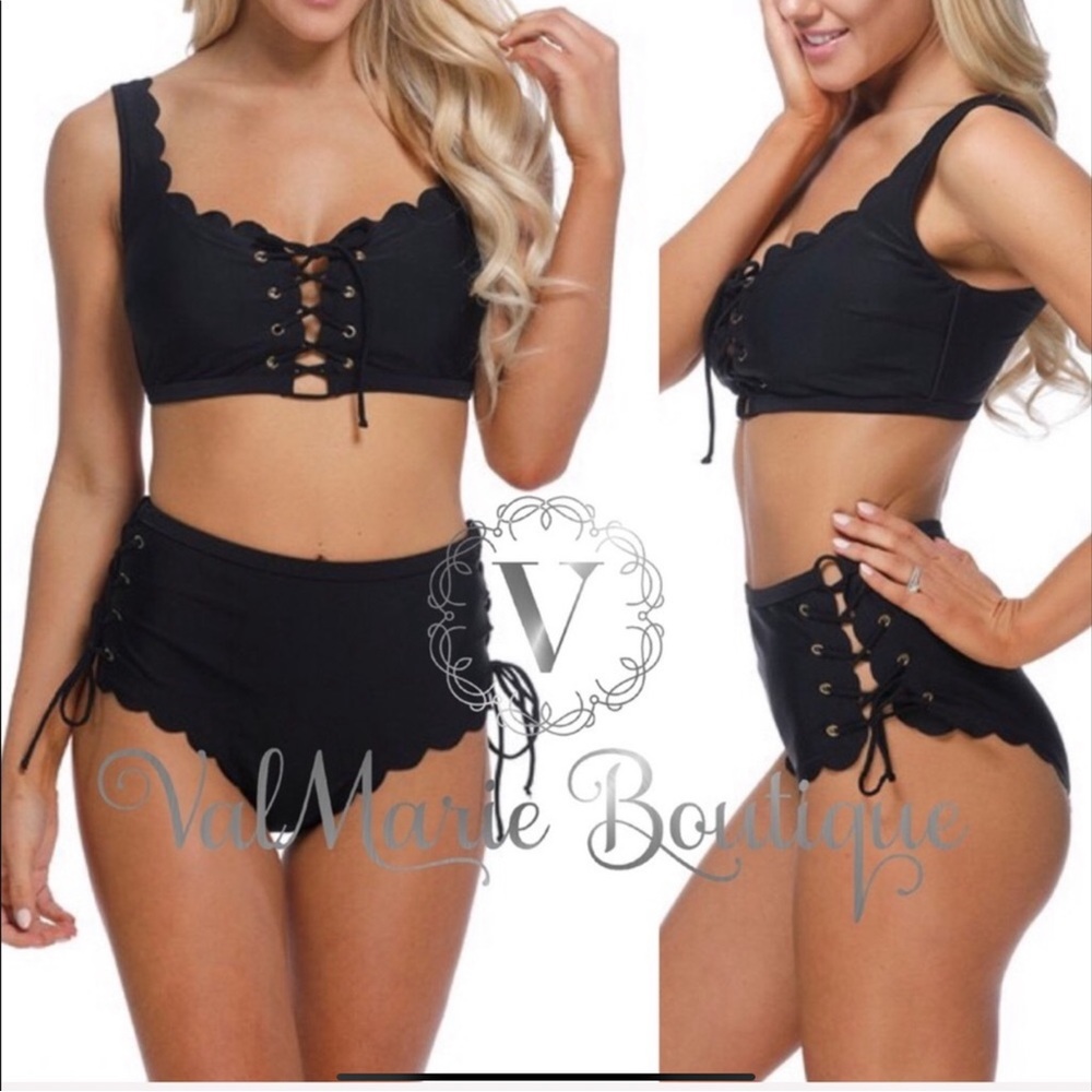 Women’s High Waist Black Scalloped Bikini S